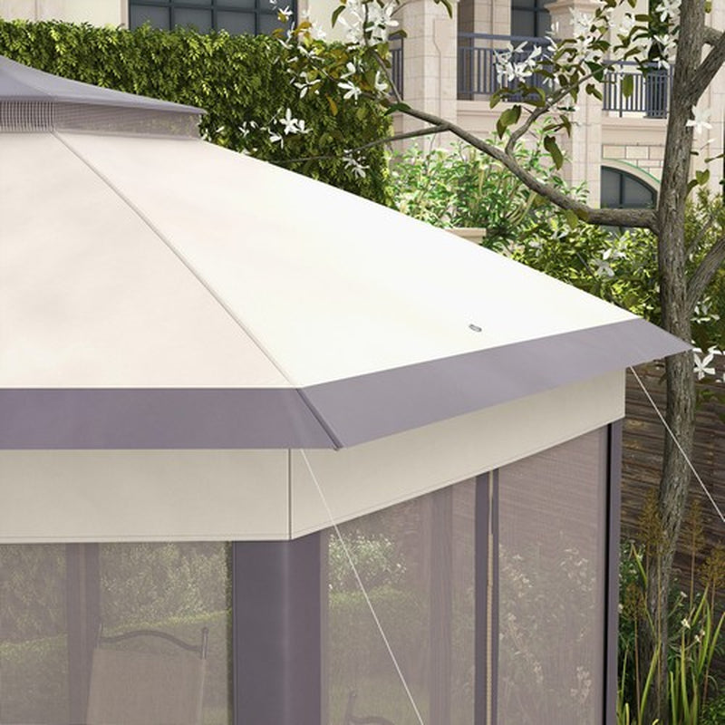 Hexagon Patio Gazebo Garden Shelter Heavy-Duty Double Roof W/ Mesh, 3 X 4M