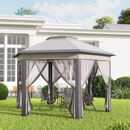 Hexagon Patio Gazebo Garden Shelter Heavy-Duty Double Roof W/ Mesh, 3 X 4M
